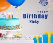 happy birthday nicky written on image green cake keep on white stand and blue gift boxes with yellow ribon with sky background.jpg from nicky happy