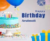 happy birthday arulmoli written on image white cake keep on white stand and blue gift boxes with yellow ribon with sky background webp from arulmoli