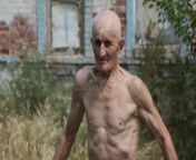 skinny elderly man bare torso spreads hands yard spread looks camera pensioner stands overgrown wild grass against old 257707631.jpg from skinny mature spread