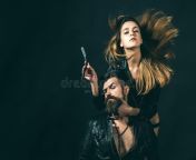 barber concept couple sexy girl brutal bearded hipster mustache black background barber straight razor works 118801906.jpg from and gerl xexi