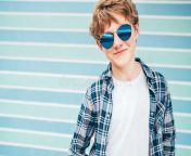 blonde hair year old caucasian teenager boy fashion portrait dressed white t shirt checkered blue sunglasses turquoise 183790192.jpg from 12 old teens