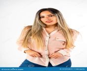 mid shot vertical orientation beautiful smiling latina woman her hands forward looking straight ahead white 233294831.jpg from latina sml vertical do