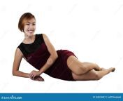 smiling slim asian american woman reclining red dress white background 163576697.jpg from women recling ki