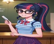 00057 3241025452 masterpiece best quality 1 2 cowboy shot solo 1girl mlptwilight smile looking at viewer ponytail glasses striped s jpeg from equestria twilight sparkle