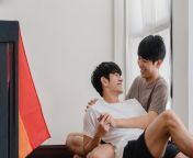 asian gay couple lying hugging floor home young asian lgbtq men kissing happy relax rest together spend romantic time living room with rainbow flag modern house morning 7861 1986.jpg from asian gay pg