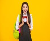 back school teenager school girl with backpack hold clock alarm time learn school children isolated yellow background happy girl face positive smiling emotions 545934 18389.jpg from bangladesh bhola xxx school girl 14ाँव