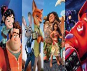 split image of the main characters from the posters of wreck it ralph zootopia moana and big hero 6.jpg from cartoon filme