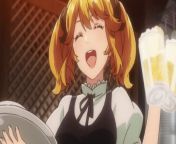 aletta from restaurant to another world smiling happily and holding up two beers and a plate.jpg from aletta gif