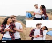 collage of cheerful interracial couple with cup hugging with tent on lawn at background 2d9kr08.jpg from cup interracial2