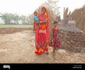 mere en sari rouge et ses deux enfants en milieu rural a l aube village de bihari sonepur bihar inde asie cxbn9y.jpg from bihari village des